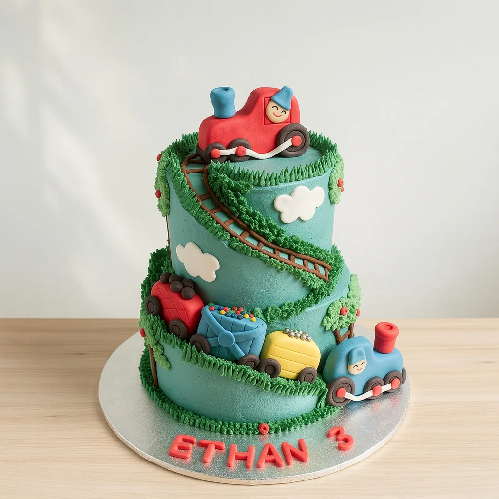 Two-tier blue cake decorated with a spiral railway track and colorful train engines and carriages