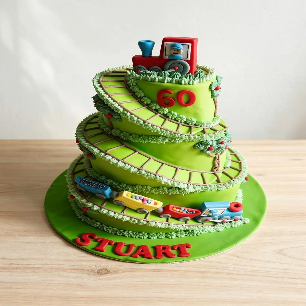 Three-tiered green birthday cake with winding train tracks and colorful toy trains