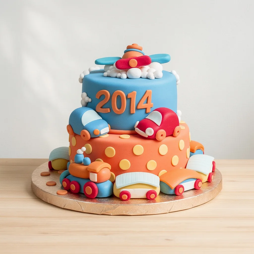 Two-tier fondant cake with toy vehicles and a plane on top and year 2014