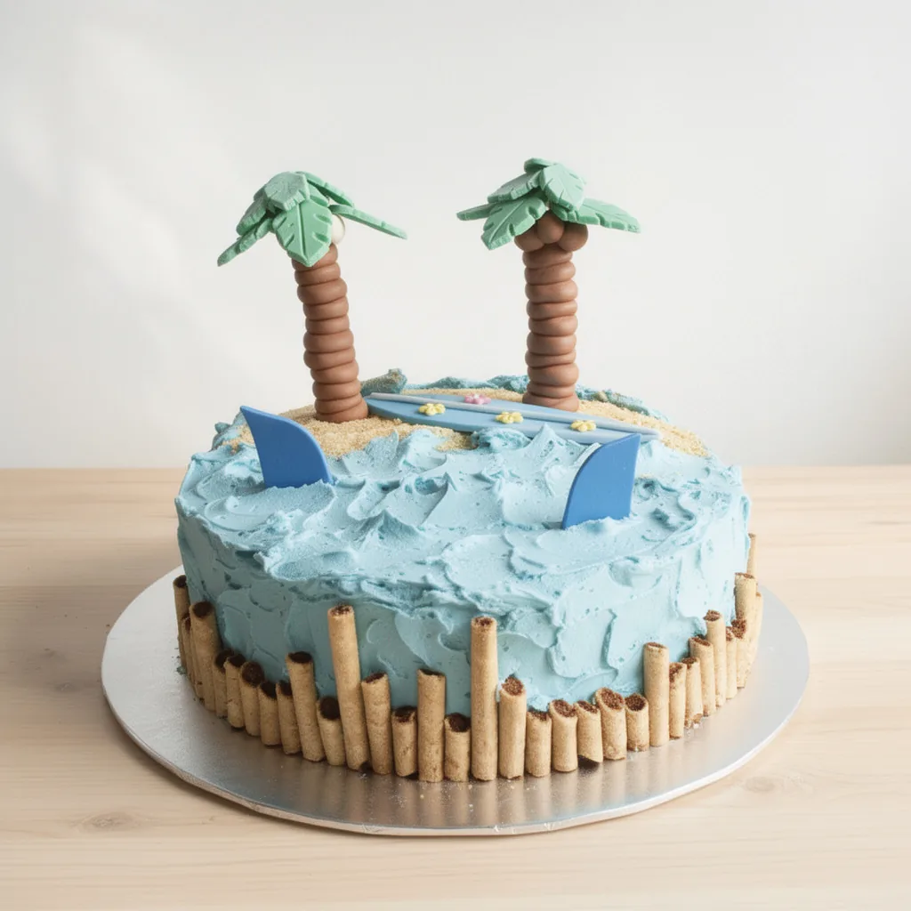 Round cake with blue frosting waves, two palm trees, two shark fins, and a sandy beach with a surfboard on top