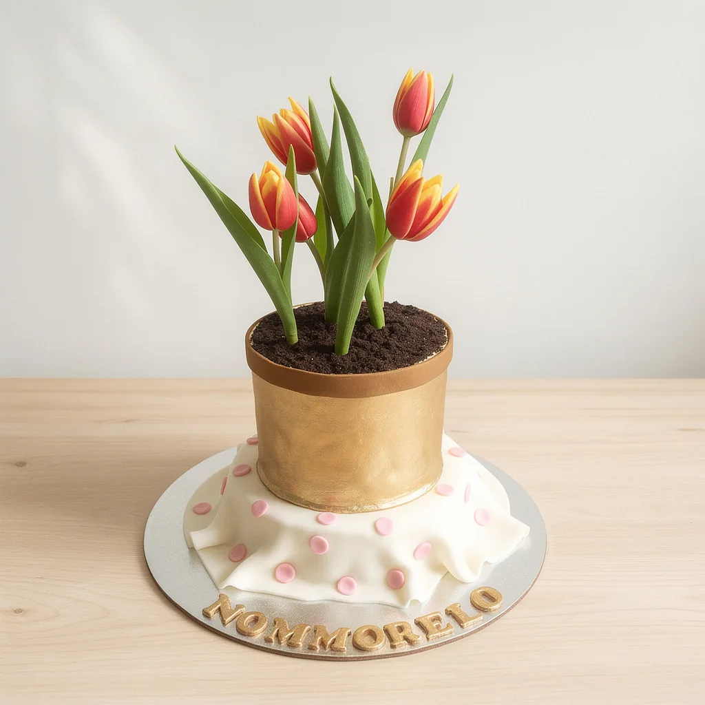 Cake designed to look like a golden flower pot with red and yellow tulips growing from chocolate soil on a white cloth with…