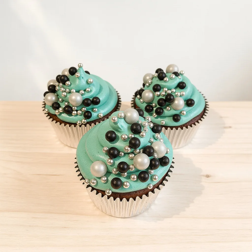 Three cupcakes with turquoise frosting and silver and black ball sprinkles in silver cases