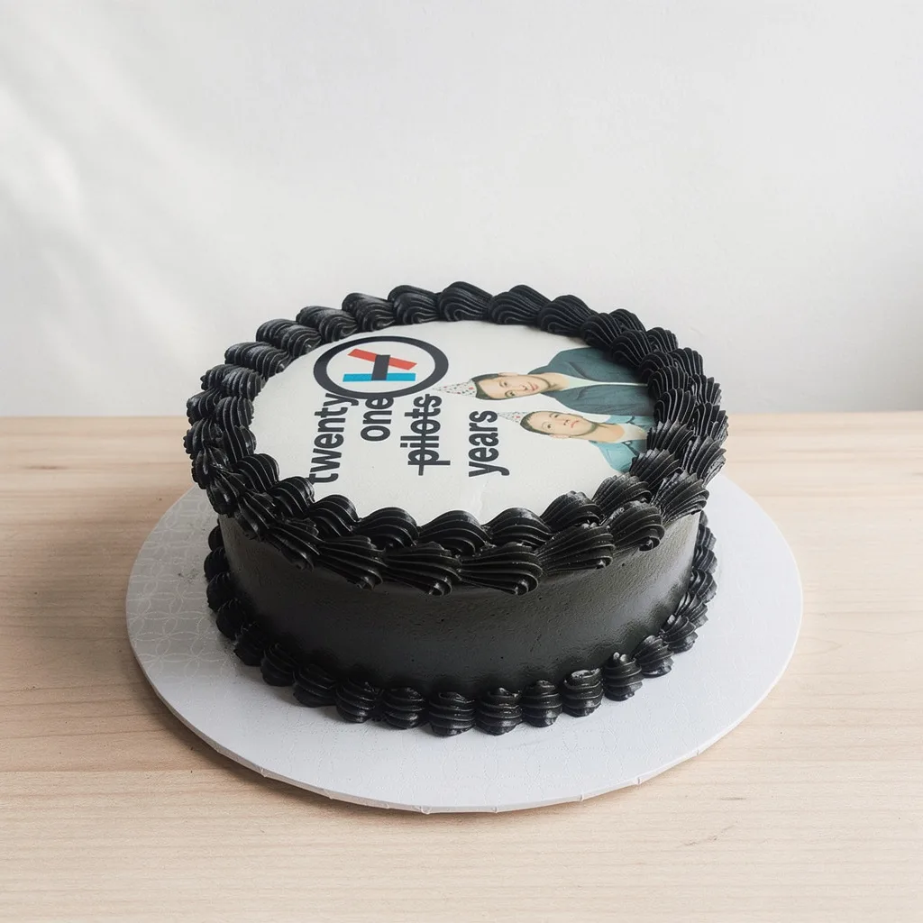 Round black frosted cake with an edible photo celebrating twenty one pilots years
