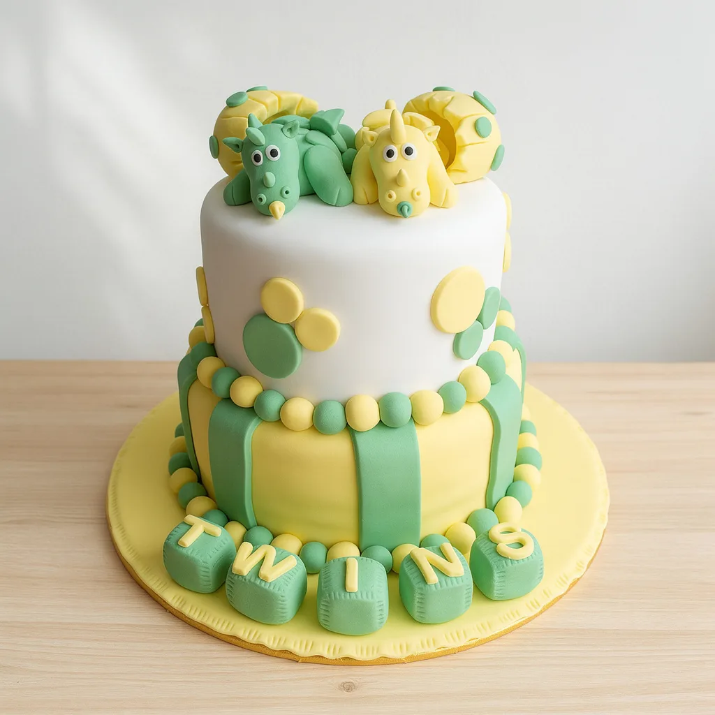 Two-tiered yellow and green cake with baby dragons and blocks spelling twins