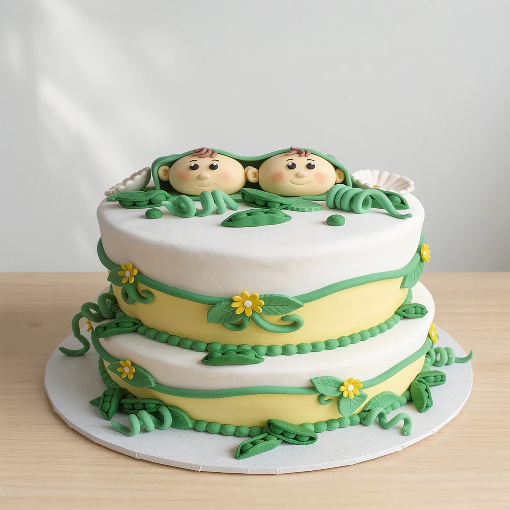 Two-tier cake decorated with green vines, yellow flowers, and two fondant baby heads peeking out