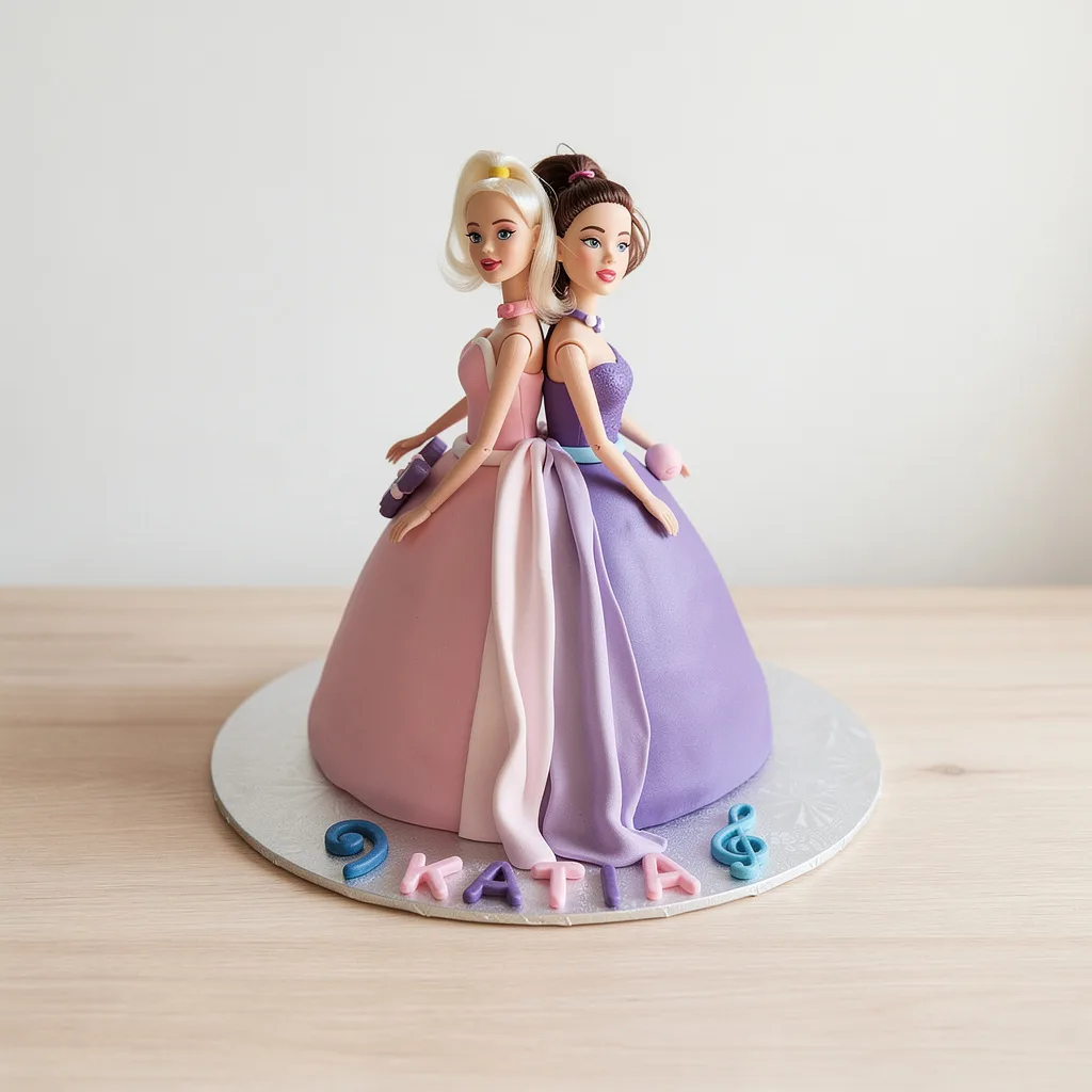 Cake featuring two elegant dolls back to back with pink and purple fondant dresses on a silver board
