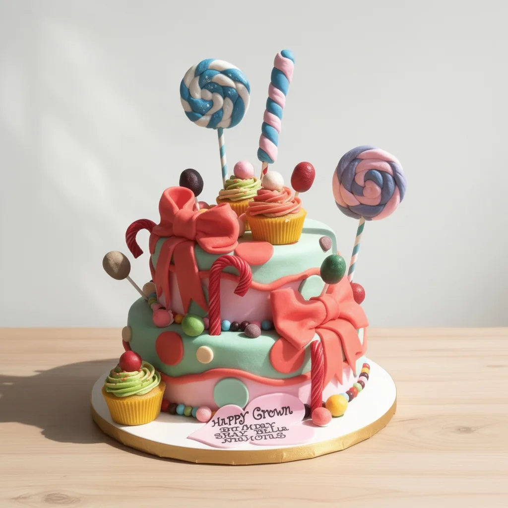 Two-tier cake decorated with candy canes, lollipops, colorful bows, and cupcakes