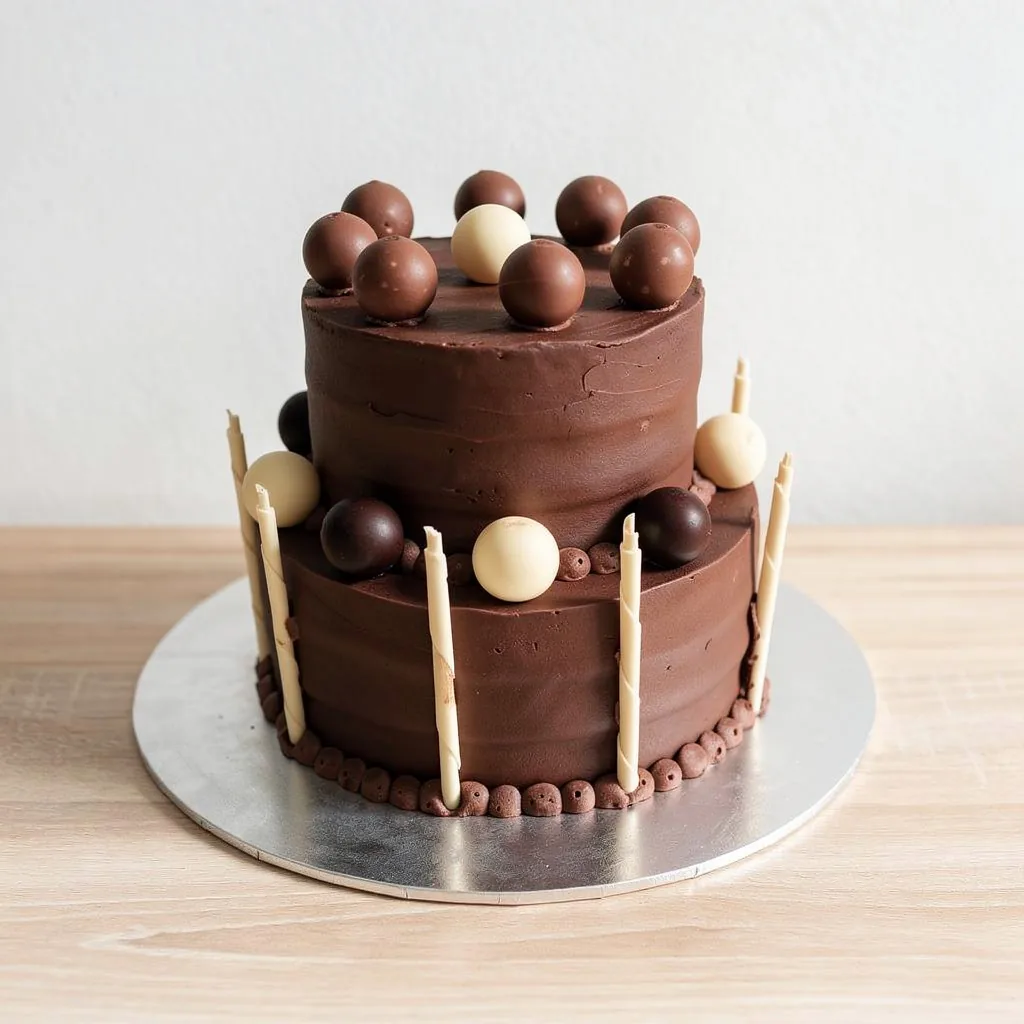 Two-tier chocolate cake decorated with chocolate and white chocolate balls and white chocolate sticks