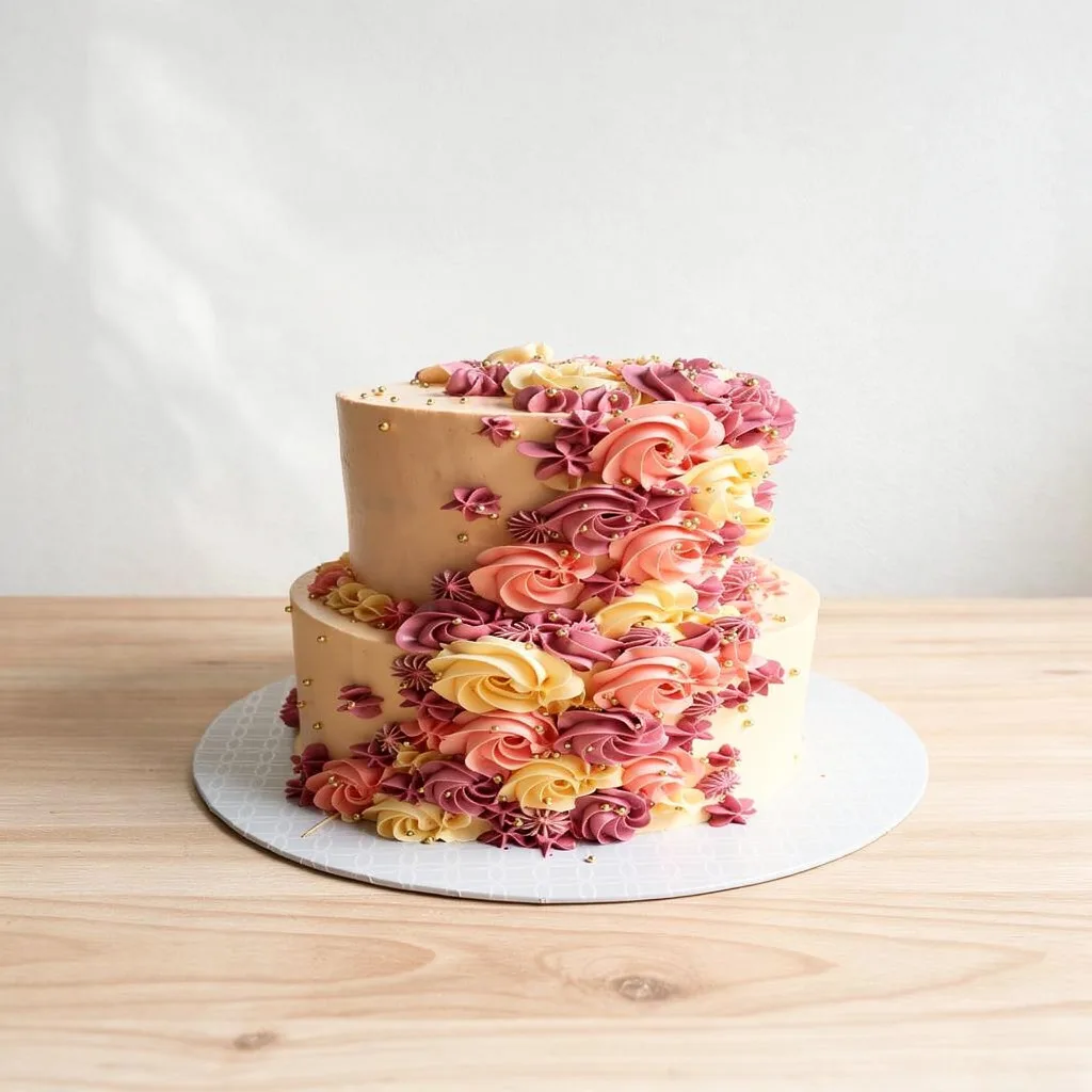 Two-tier cream cake decorated with cascading pink, peach, and yellow buttercream flowers and small gold beads
