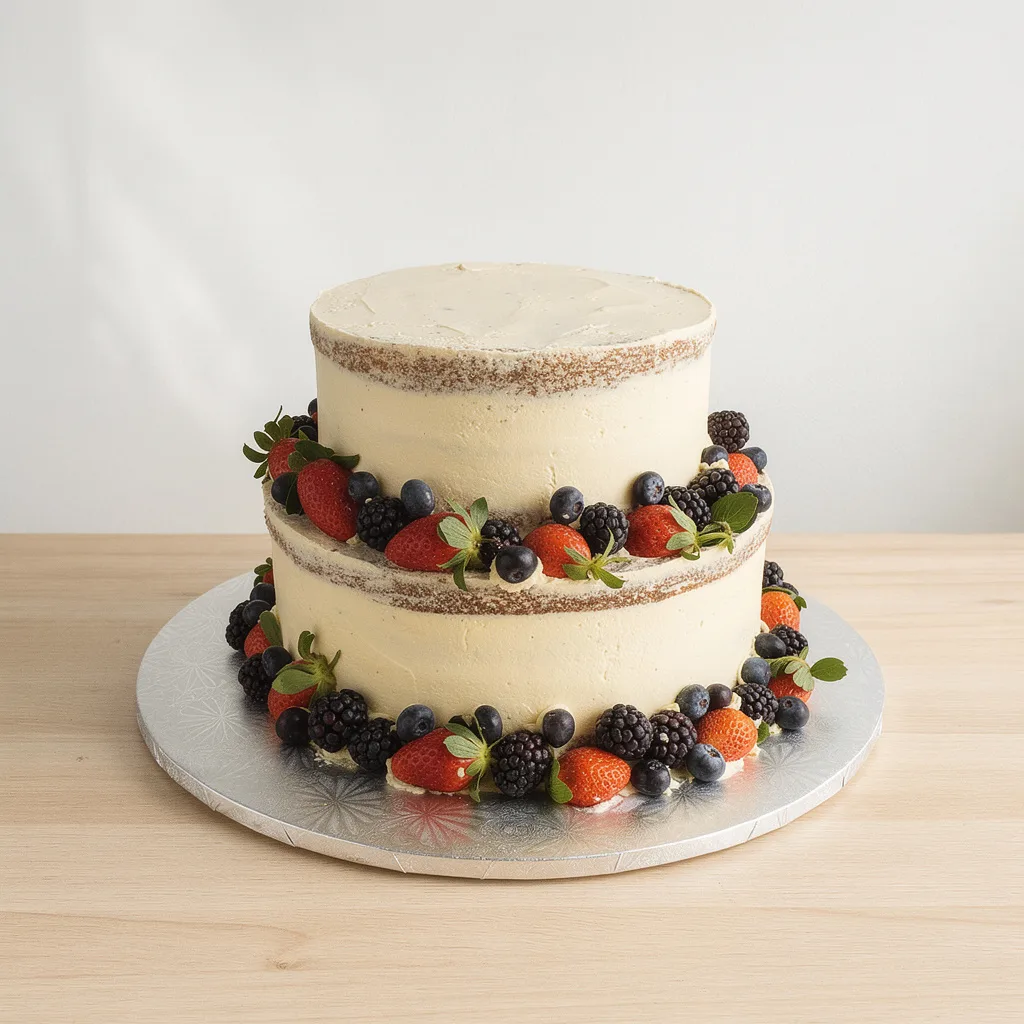 Two-tier semi-naked cake decorated with fresh strawberries, blackberries, and blueberries on wooden surface