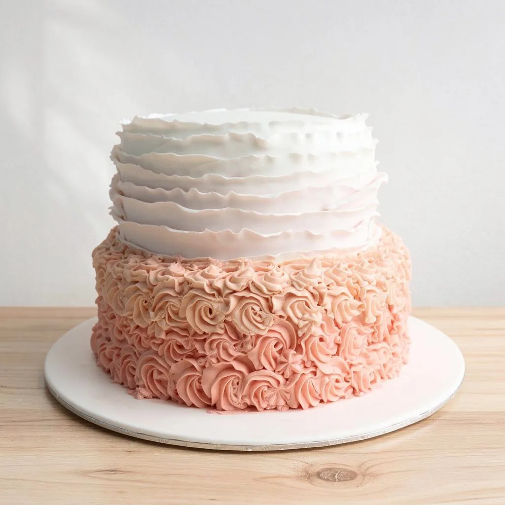 Two-tier cake with pink ombre rosette frosting on the bottom and white ruffle fondant on top
