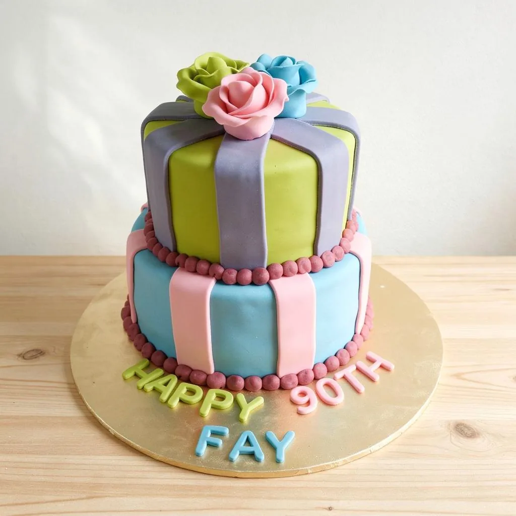 Two-tier pastel fondant cake with stripes, flowers, and birthday message