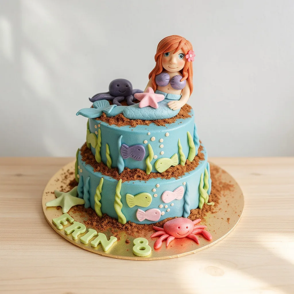 Two-tier blue cake decorated with fondant mermaid, octopus, fish, seaweed, and a crab