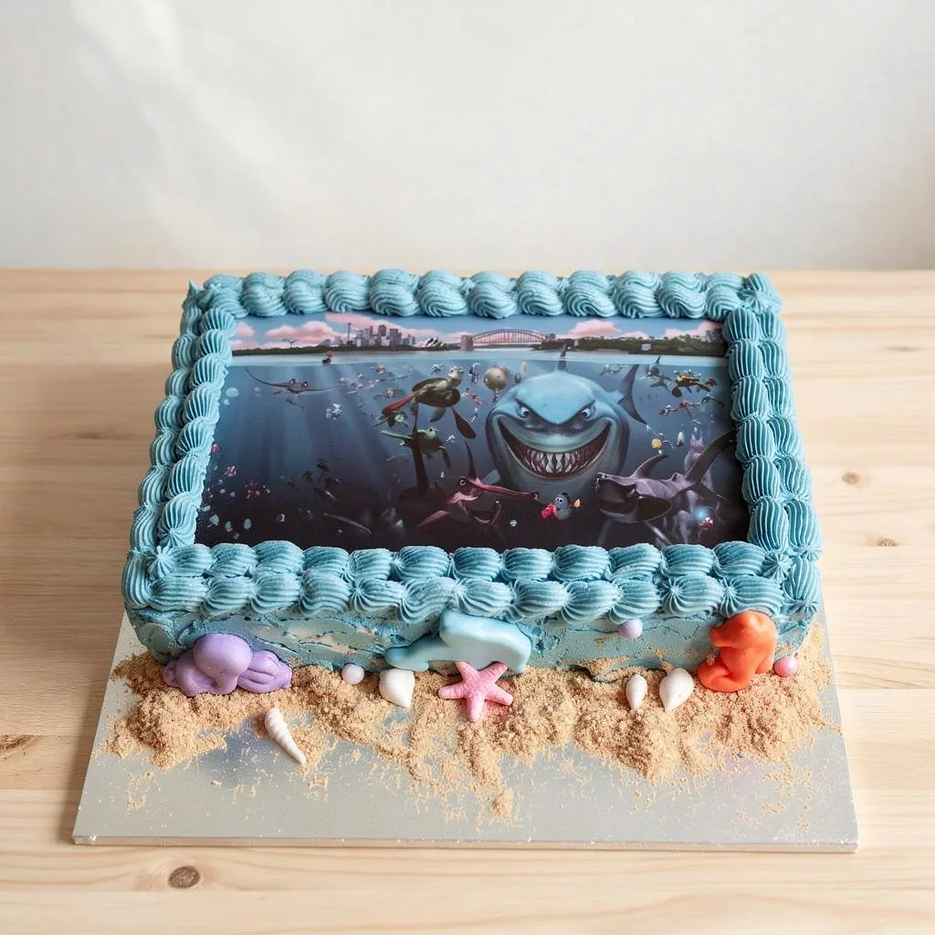 Rectangular cake with blue ocean frosting and shark image, decorated with edible sea creatures and sand
