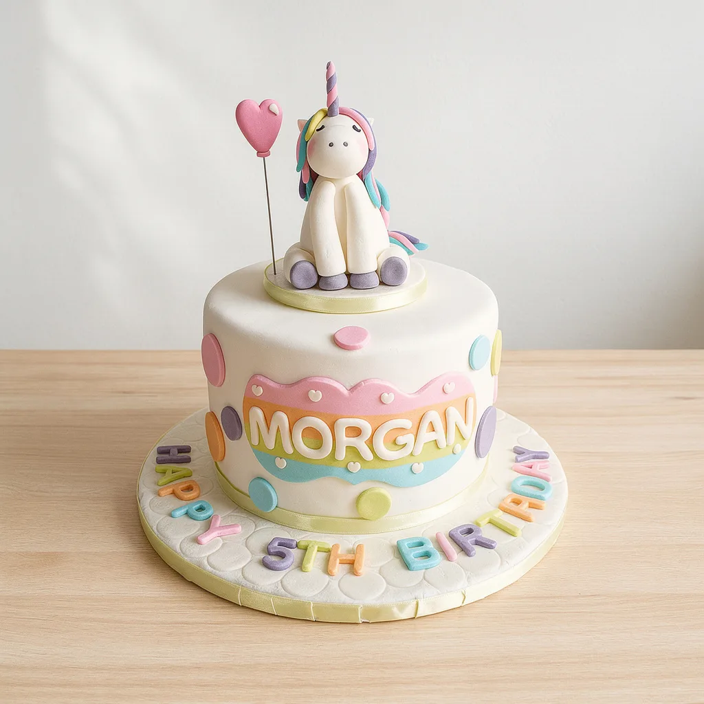 Round birthday cake with pastel rainbow dots and a unicorn topper holding a heart balloon