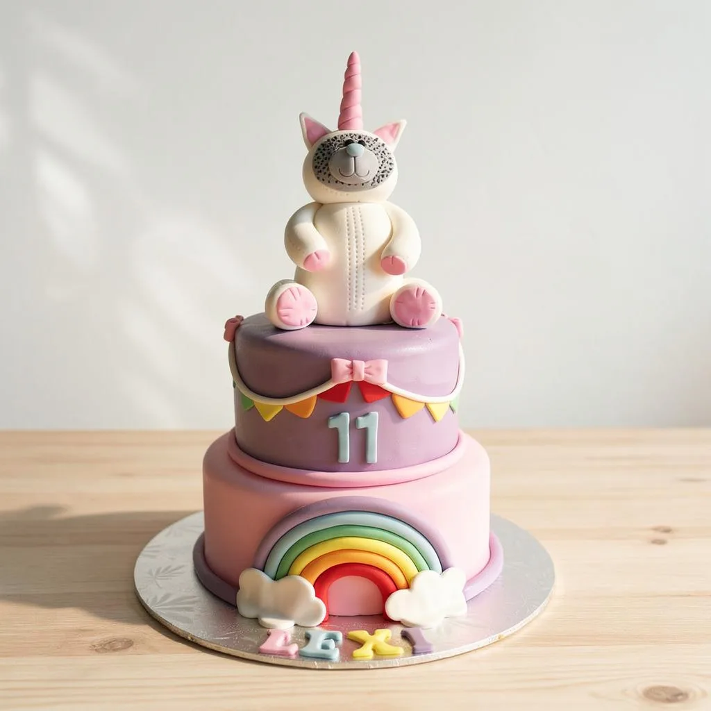 Two-tier purple and pink cake with a rainbow decoration and a unicorn cat figure on top