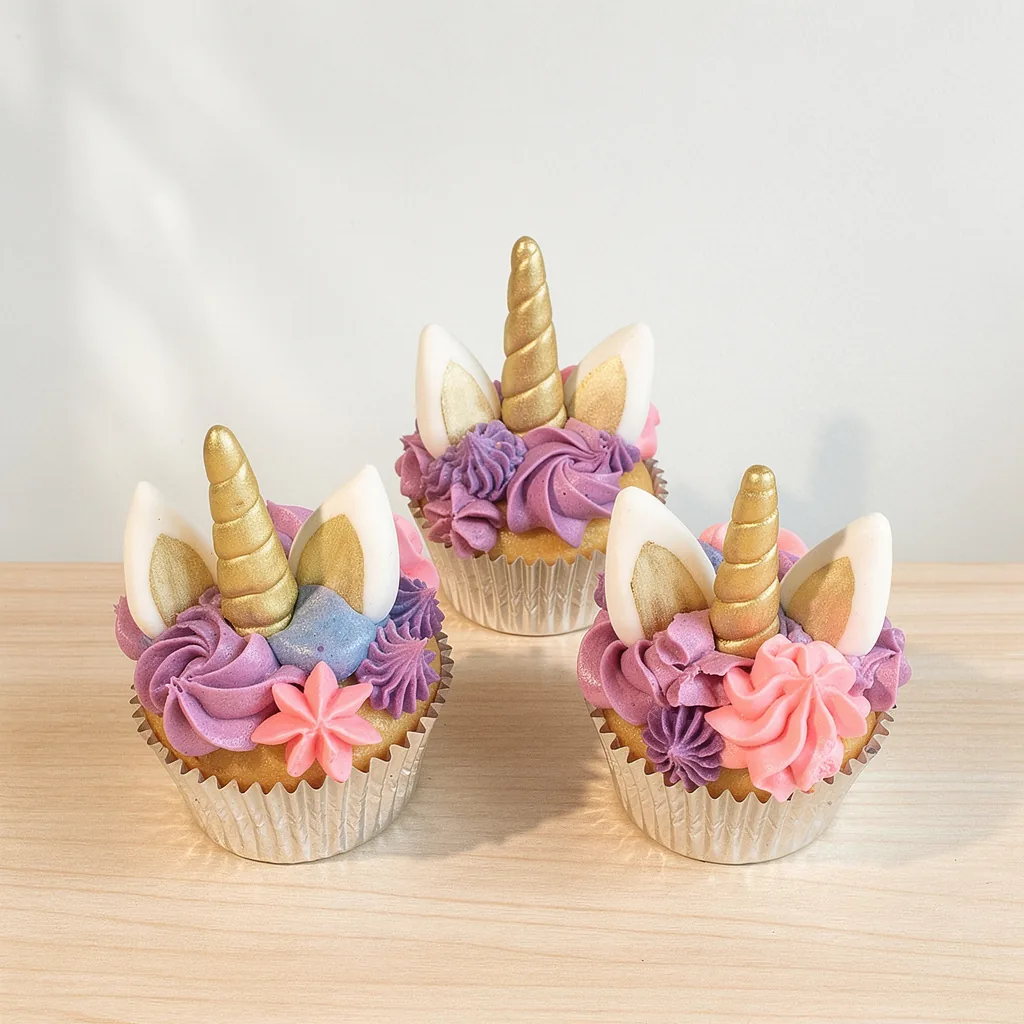 Three vanilla cupcakes with purple and pink frosting, golden unicorn horns, and ears with gold details