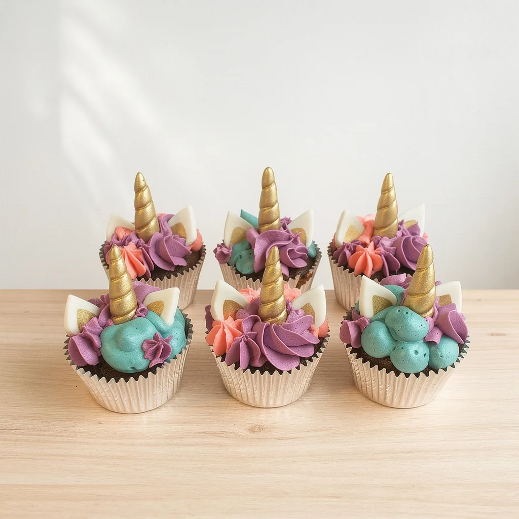 Six cupcakes decorated with gold unicorn horns, white ears, and colorful purple, teal, and coral frosting
