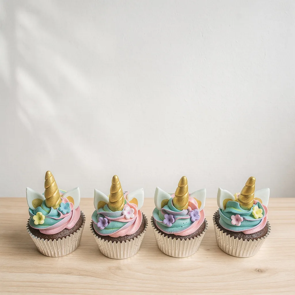 Four chocolate unicorn cupcakes with swirled pastel blue and pink frosting, golden horns, and flower decorations