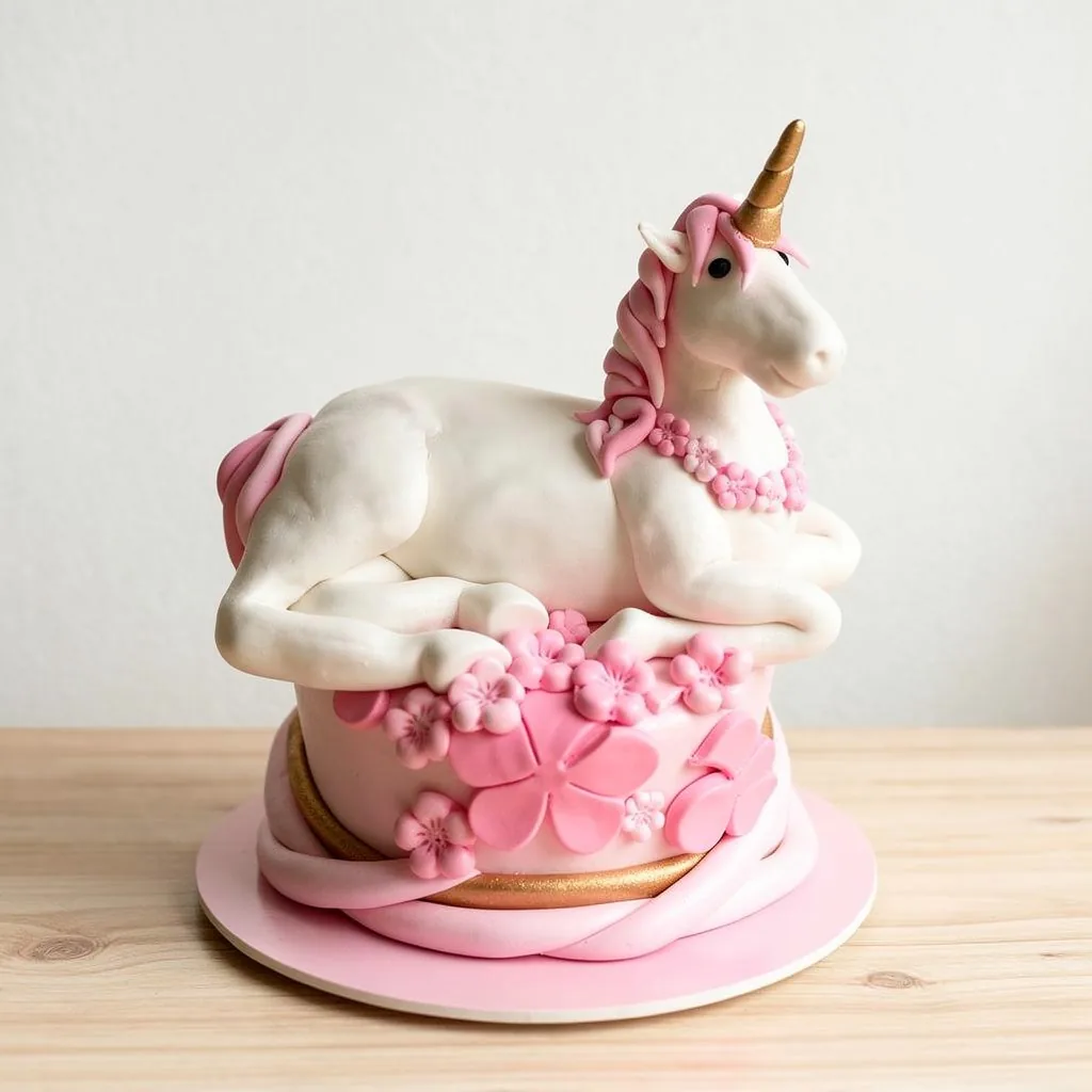 White unicorn cake with a pink mane and floral decorations lying on top of a pink and gold round base