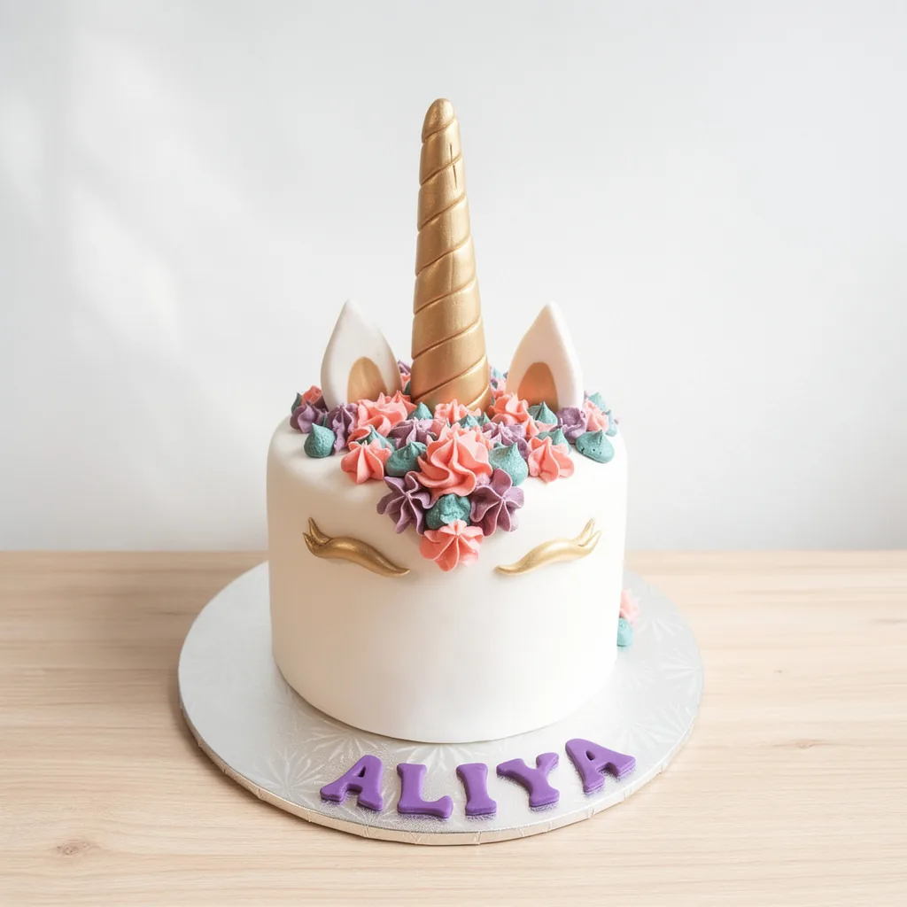 White round cake with a gold unicorn horn and ears, decorated with pastel pink, purple, and teal flowers