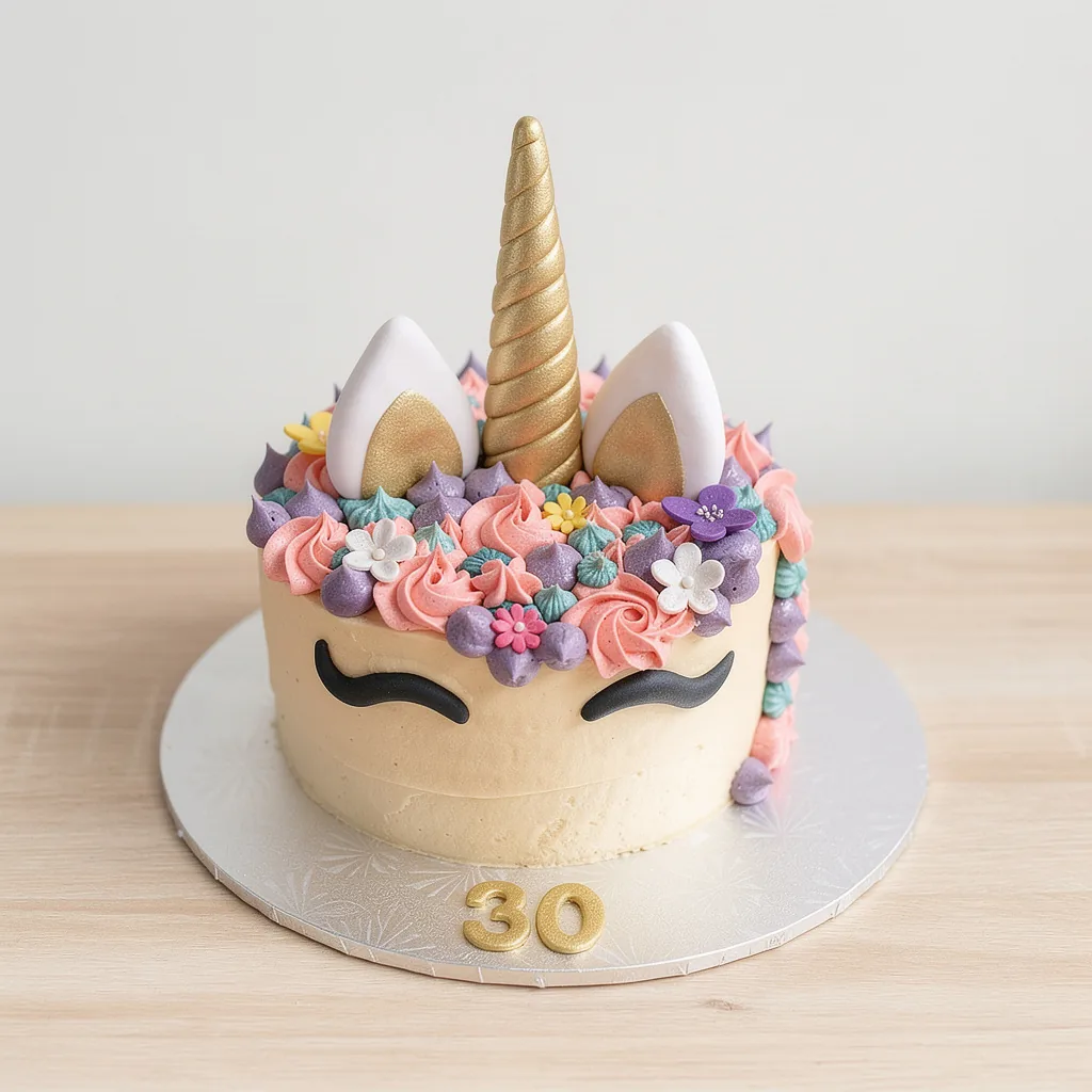 Round cake decorated as a unicorn with a gold horn, ears, and colorful pastel floral frosting