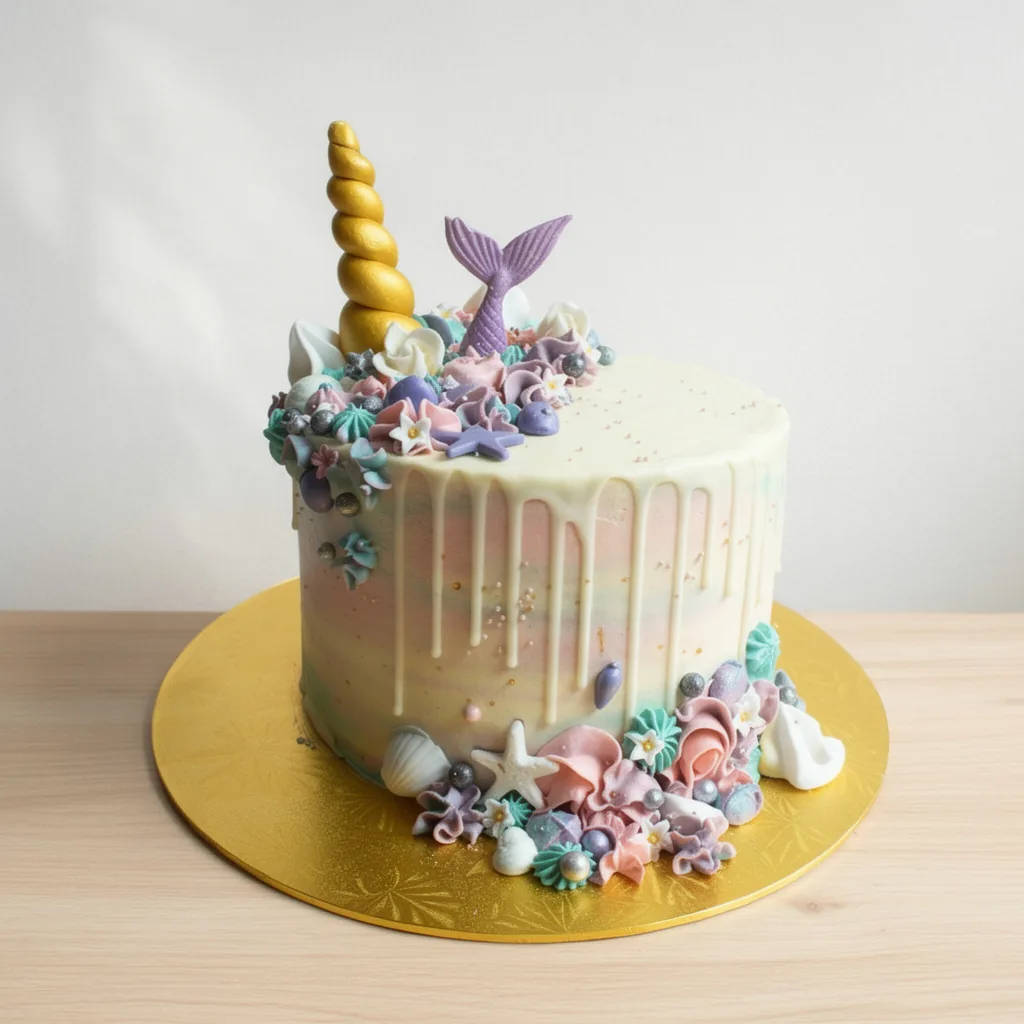 Pastel drip cake with golden unicorn horn, purple mermaid tail, and seashell decorations