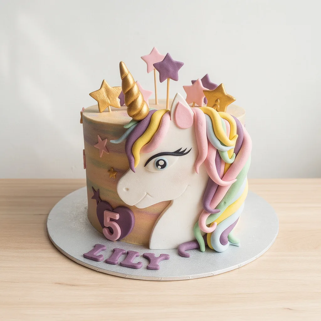 Pastel unicorn cake with a golden horn, rainbow mane, and star decorations