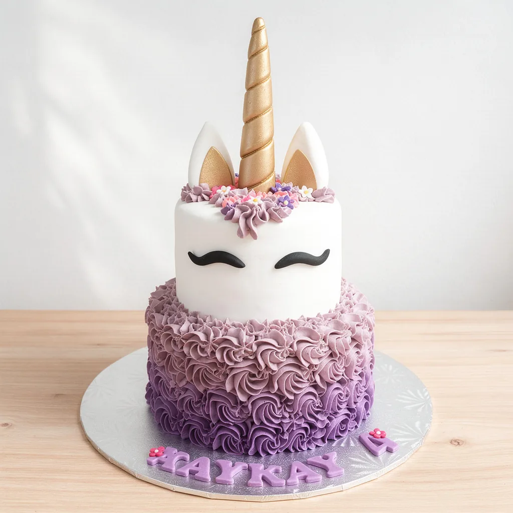 Two-tier unicorn cake with gold horn, white ears, and purple ombre rosette icing