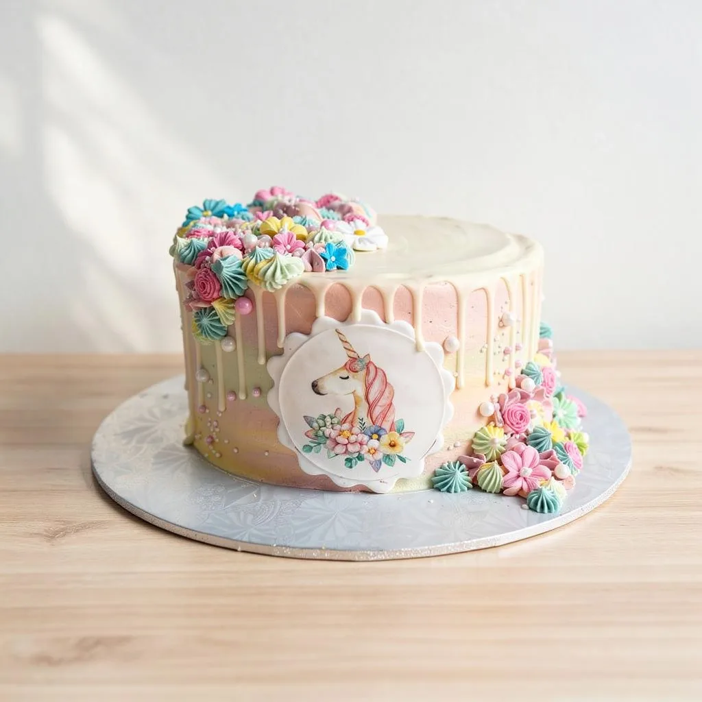Pastel ombre cake with white drip and colorful piped flowers featuring a unicorn edible decoration