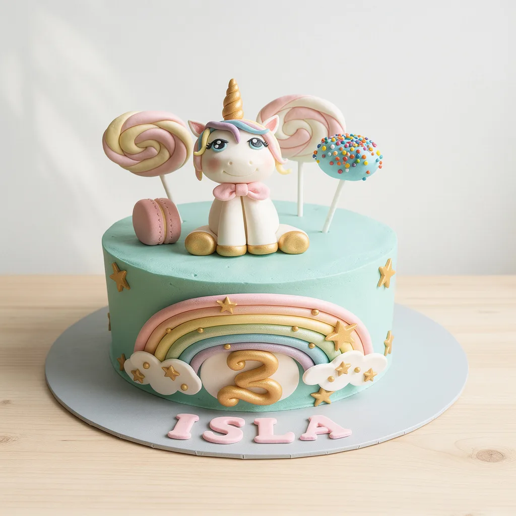 Light blue cake with pastel rainbow, gold stars, and a sitting unicorn figure on top