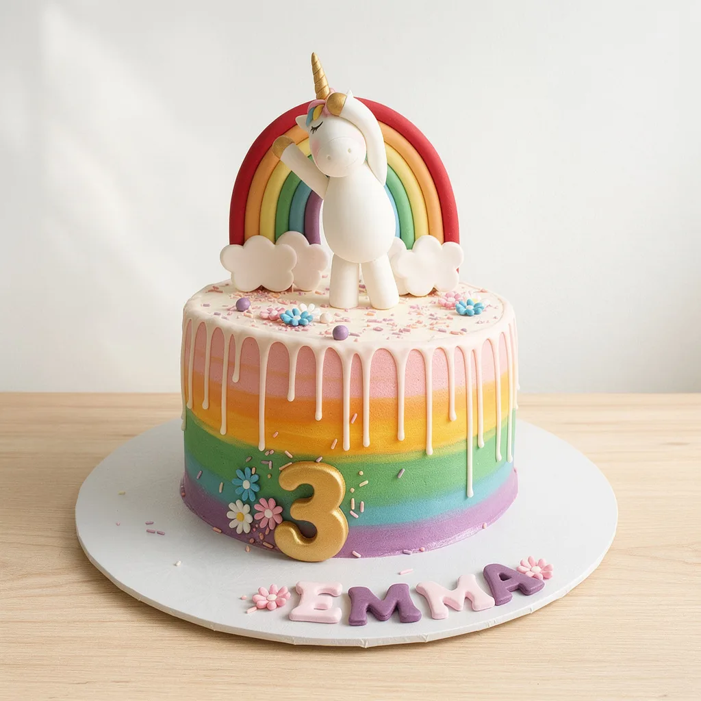 Colorful pastel rainbow cake with a white unicorn topper and gold number 3