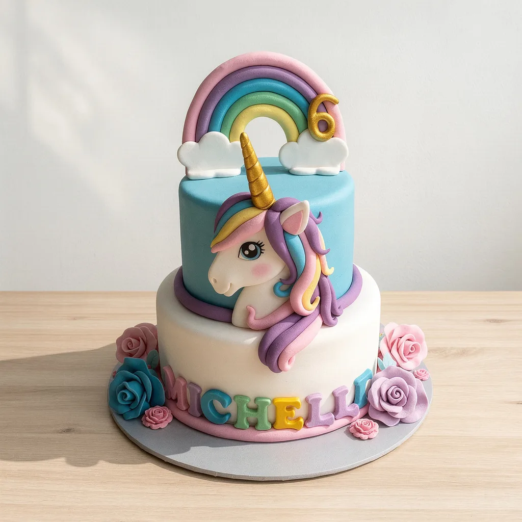 Two-tier pastel unicorn cake with a rainbow topper and colorful flowers for a sixth birthday