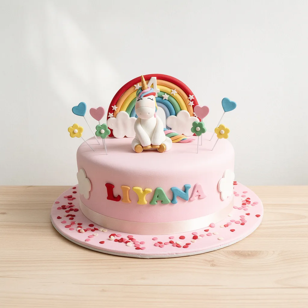 Pink round birthday cake with a sitting unicorn, rainbow, clouds, and colorful flowers on top
