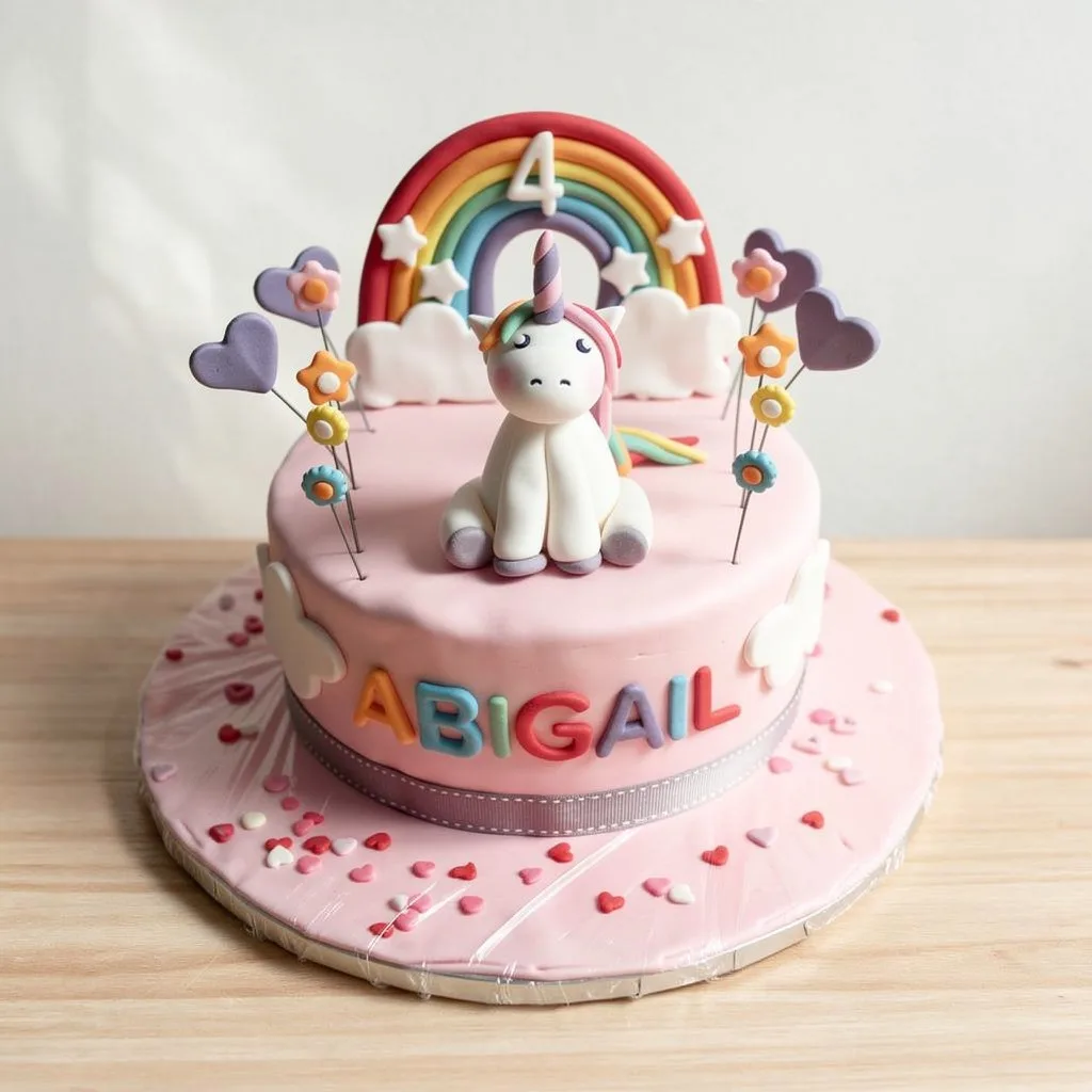 Pink birthday cake with fondant unicorn, rainbow, and colorful flowers