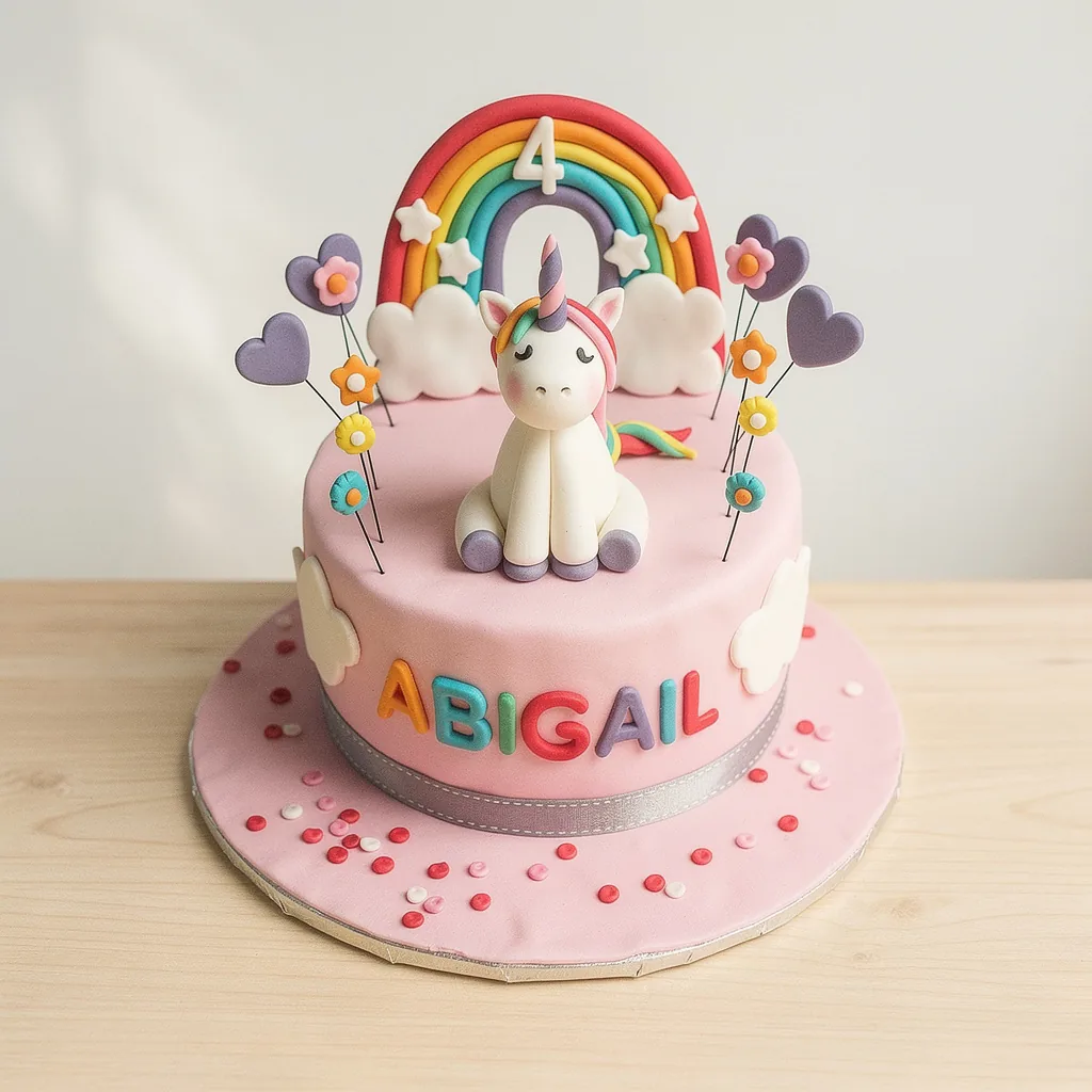 Pink birthday cake with fondant unicorn, rainbow topper, and colorful flowers