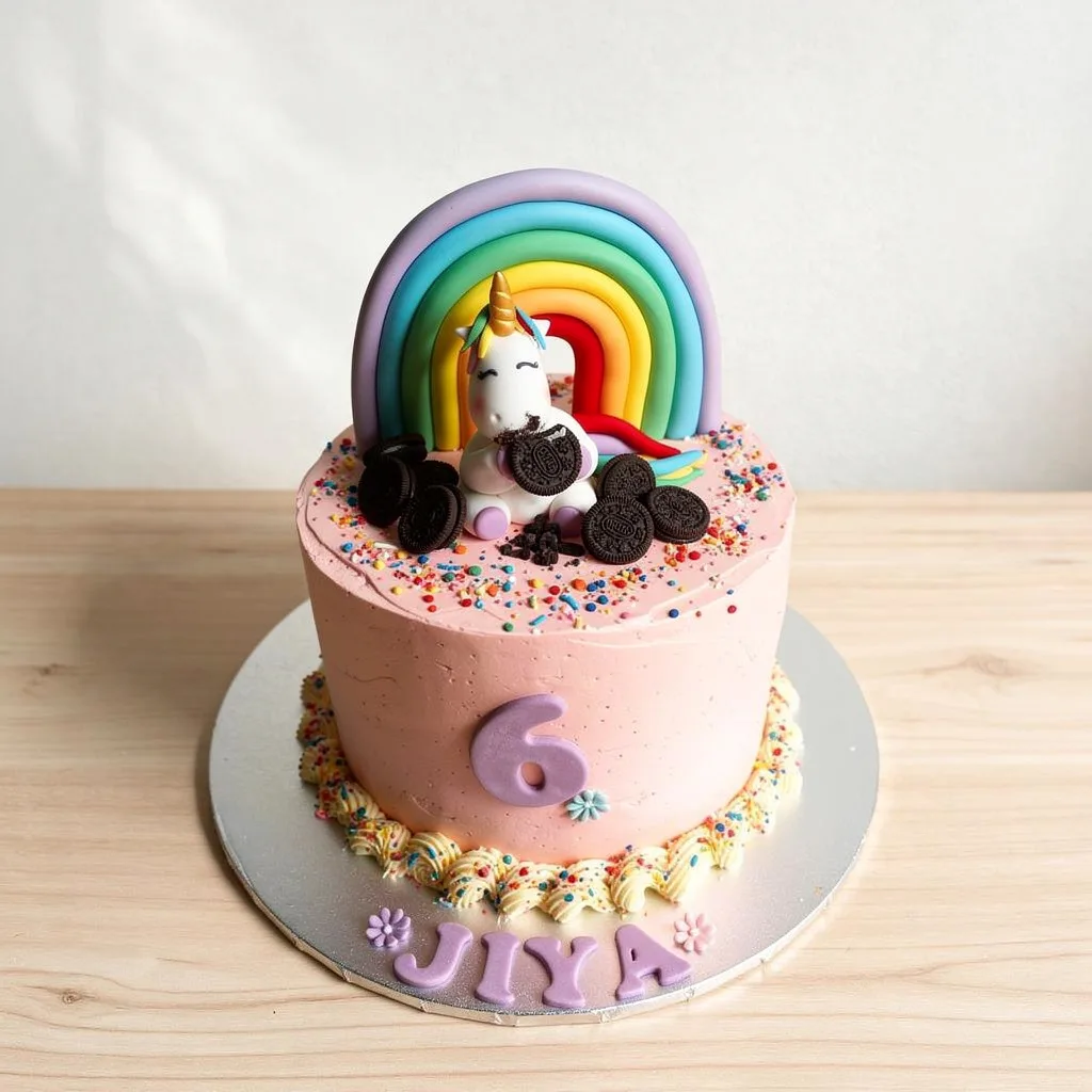 Pink round cake with a rainbow arch, a unicorn figurine, sprinkles and Oreo cookies