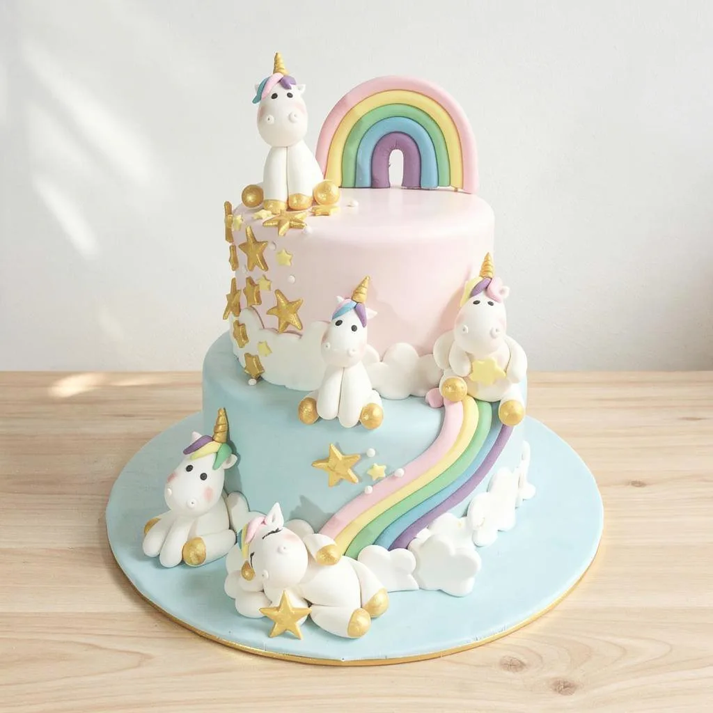 Two-tier cake with pastel unicorn figures, rainbows, white clouds and gold stars