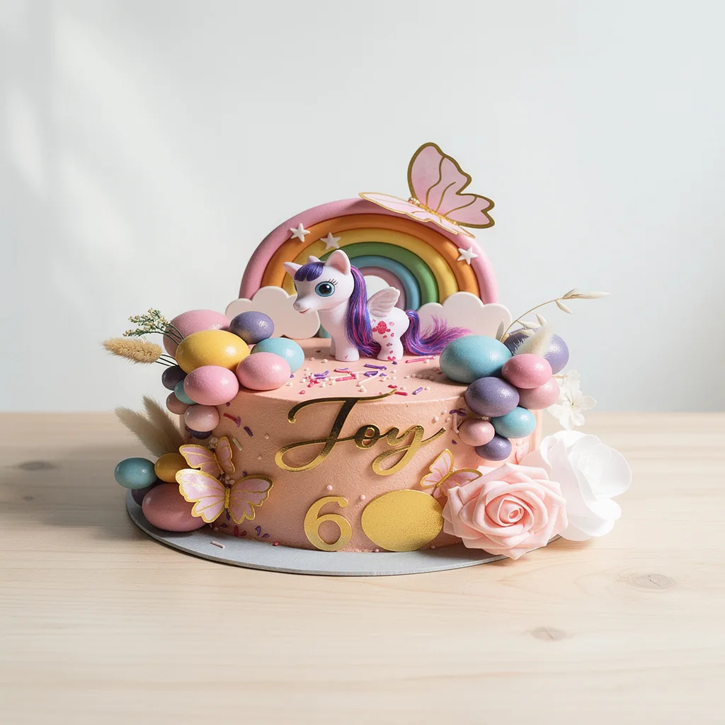 Pink round cake with a unicorn topper, rainbow decoration, pastel eggs, and butterflies