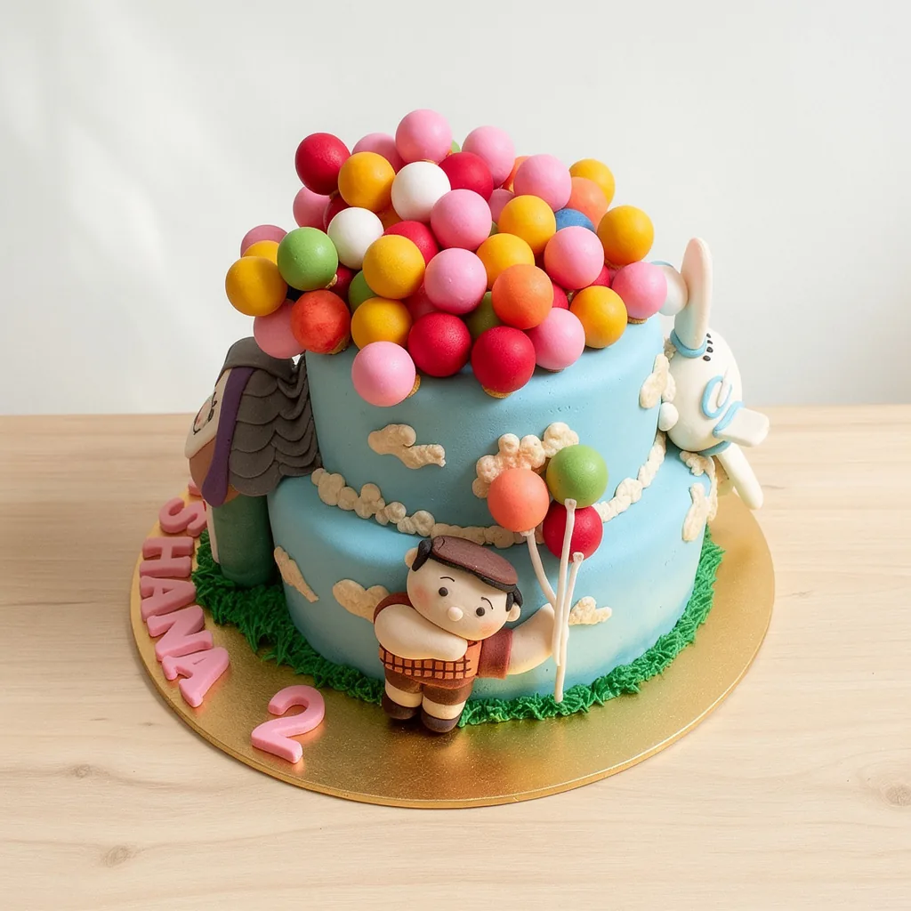 Two-tier blue cake decorated with colorful sugar balls and fondant characters holding balloons.