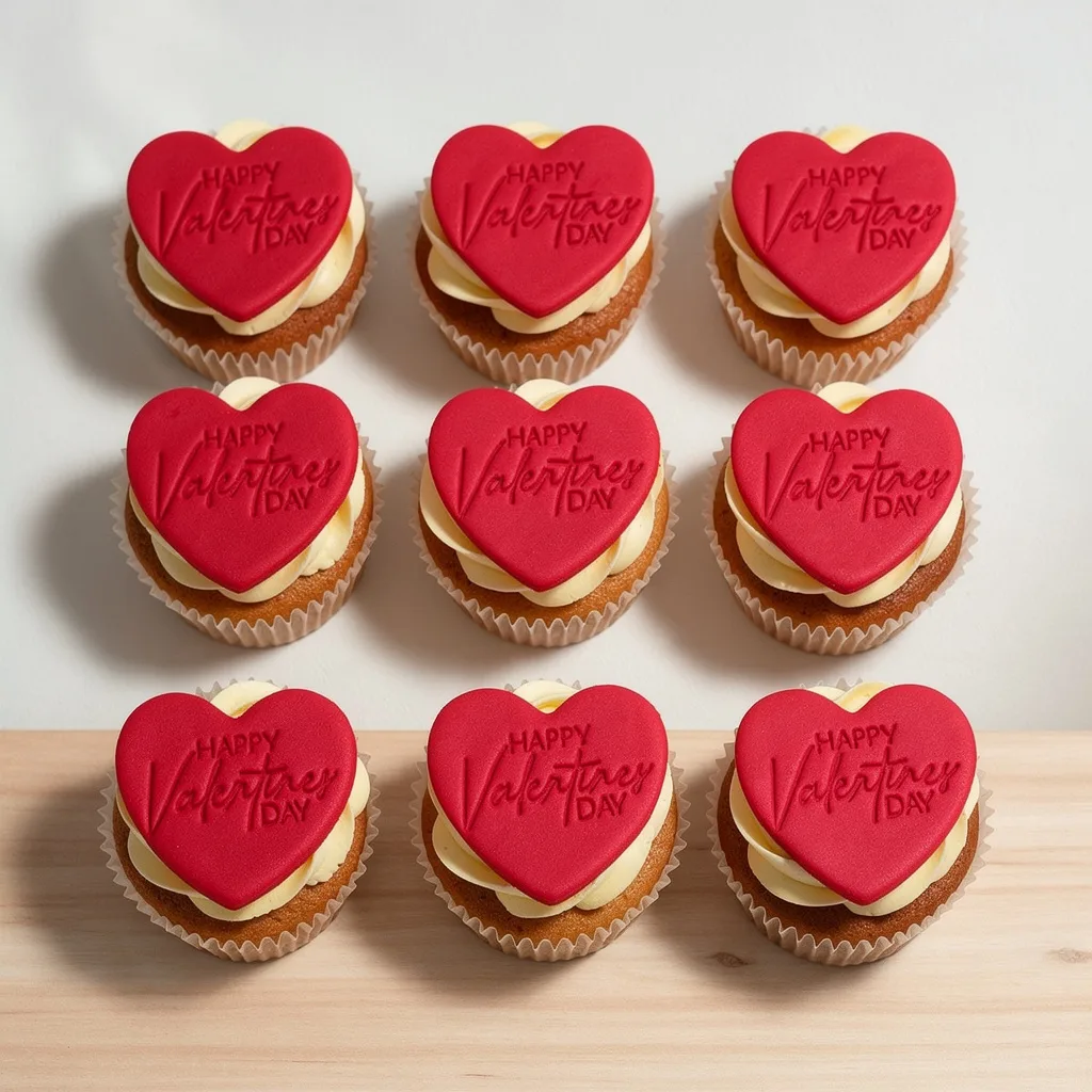 Nine cupcakes topped with red heart fondant saying Happy Valentines Day