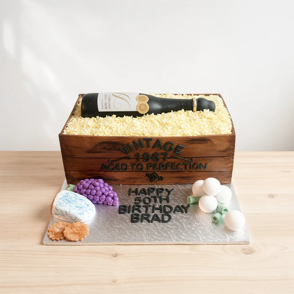 Custom cake shaped as a wooden crate with a black wine bottle surrounded by cheese, grapes, and golf balls.