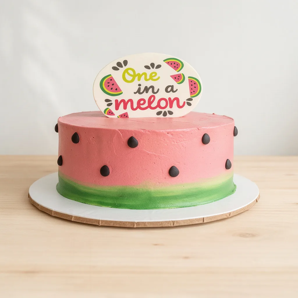 Round cake with pink and green frosting decorated like a watermelon with chocolate drops and an topper that says One in a…