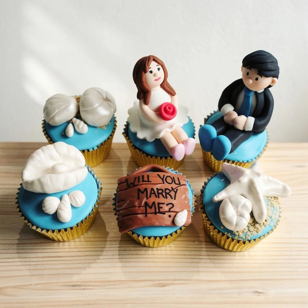 Set of six blue fondant cupcakes with wedding proposal and beach theme figurines