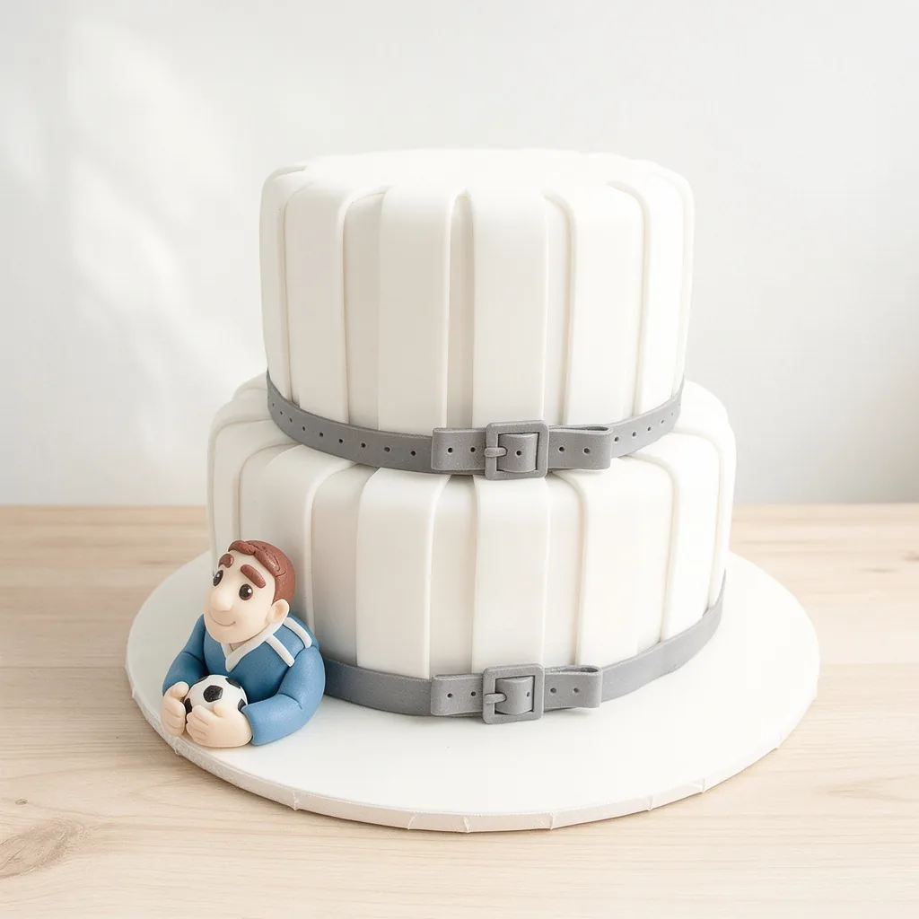 Two-tiered white cake with vertical panel details and grey fondant belts, with a sugar figure holding a soccer ball.
