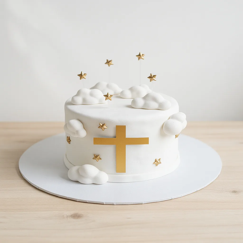 White fondant cake decorated with gold cross, gold stars, and fluffy white clouds