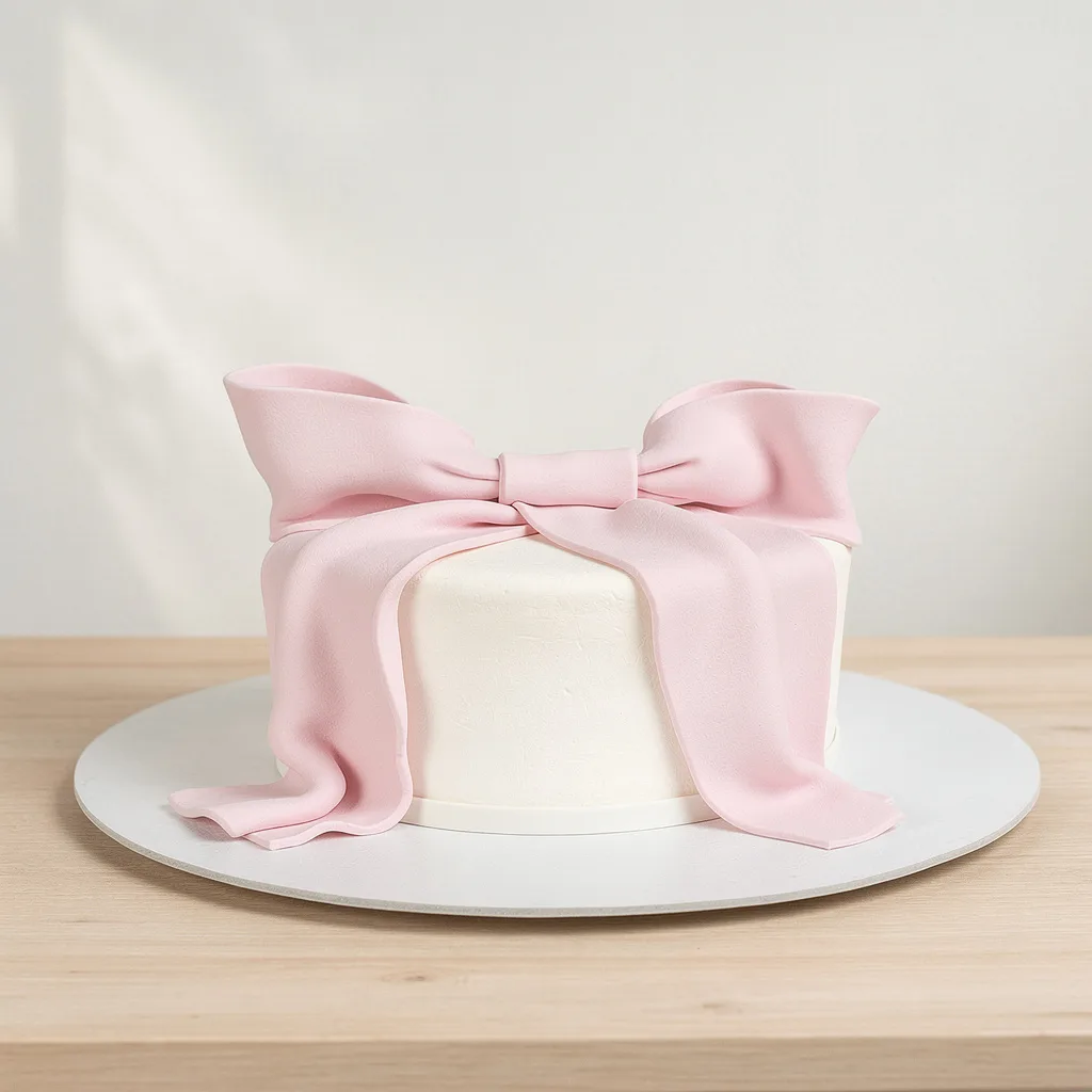 Round white cake decorated with a large soft pink fondant bow on top