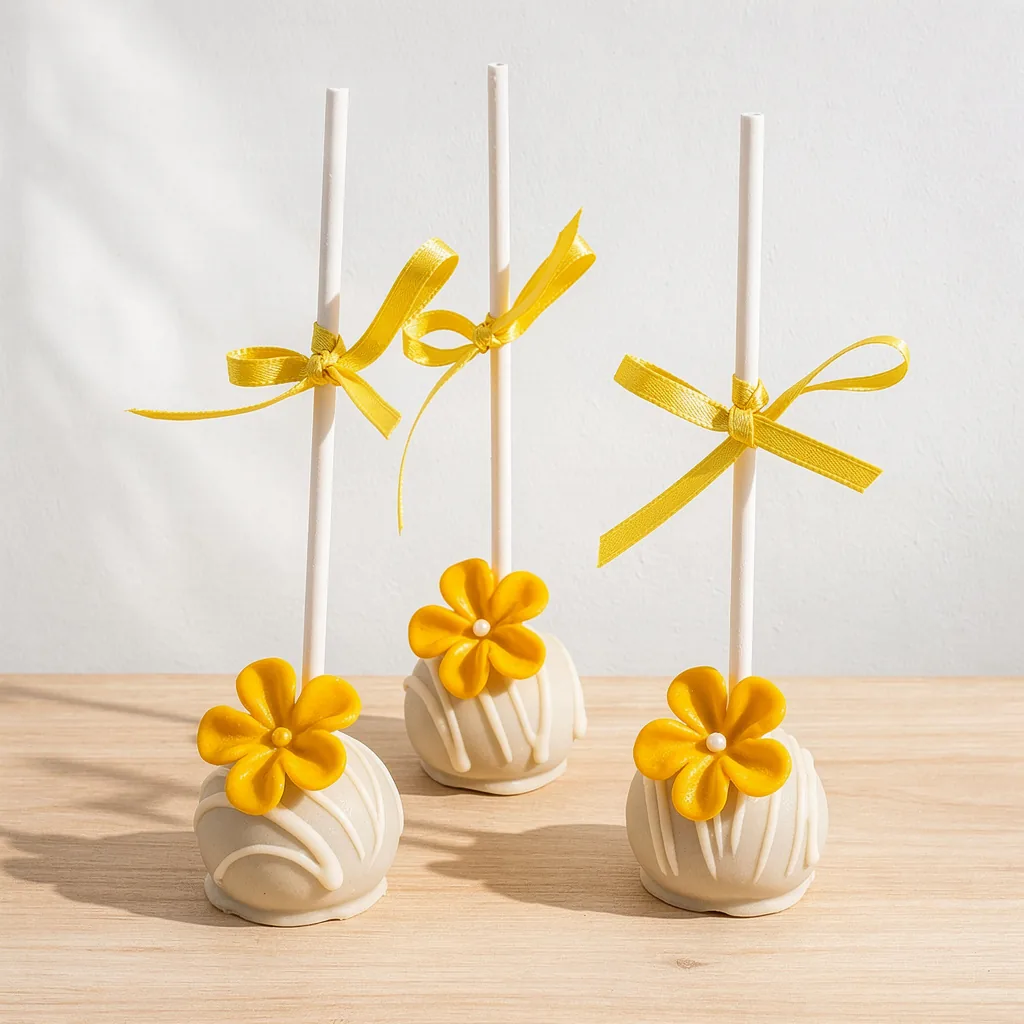 Three white cake pops decorated with yellow ribbon and yellow fondant flowers