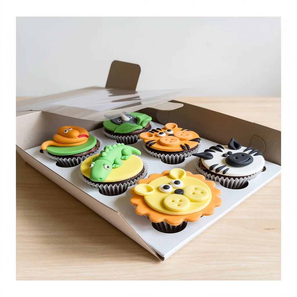 Cupcakes decorated with fondant faces of a snake, frog, tiger, crocodile, zebra, and lion in a box