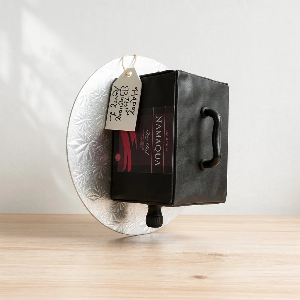 Black wine box shaped cake standing on an embossed round silver board with a black handle and spout